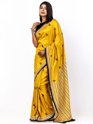 Mustard Yellow Printed and Nakshi Kantha Embroidered Silk Saree