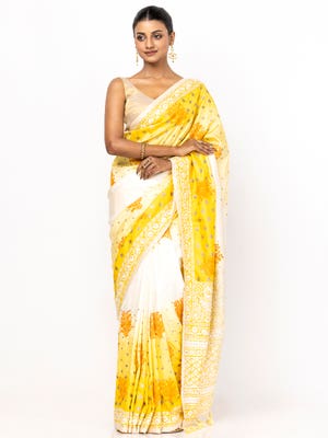 White Printed and Nakshi Kantha Embroidered Silk Saree