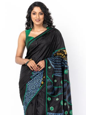 Black Printed and Nakshi Kantha Embroidered Silk Saree