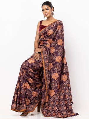 Plum Printed and Nakshi Kantha Embroidered Silk Saree