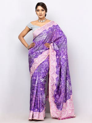 Purple Printed and Nakshi Kantha Embroidered Silk Saree