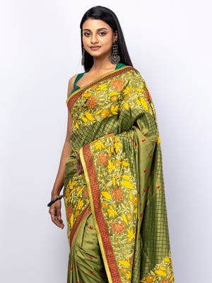 Olive Green Appliqued and Embroidered Silk Saree