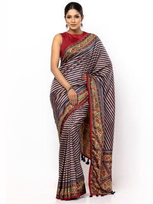 Brown Striped Printed Silk Saree