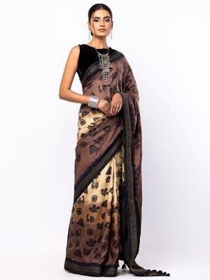 Coffee/Brown Dyed and Embroidered Silk Saree