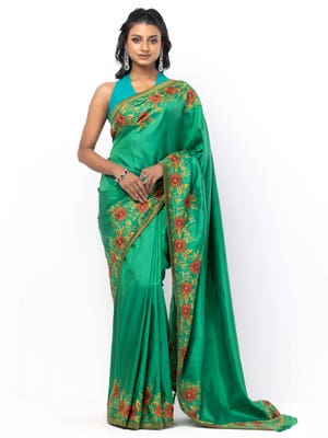 Green Printed and Nakshi Kantha Embroidered Silk Saree