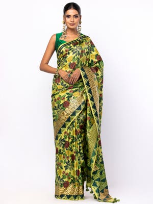 Lime Green Printed Silk Saree