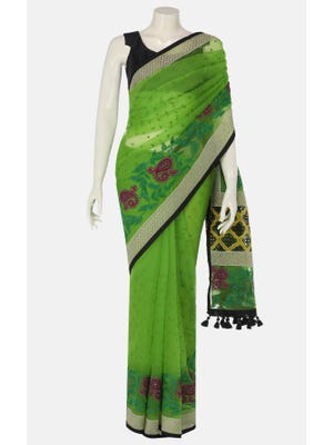 Leaf Green Appliqued and Embroidered Muslin Saree