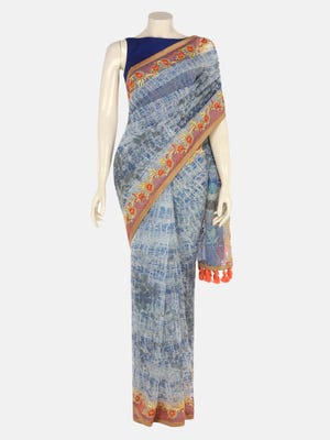 White Printed and Embroidered Muslin Saree