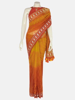 Orange Nakshi Kantha Embroidered Muslin Saree