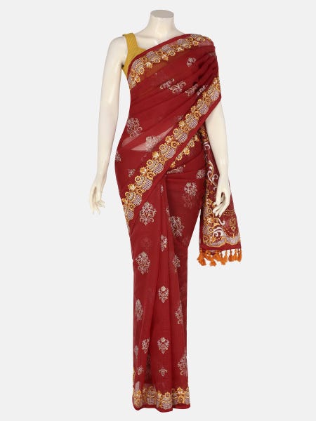 Red Printed and Embroidered Kota Muslin Saree