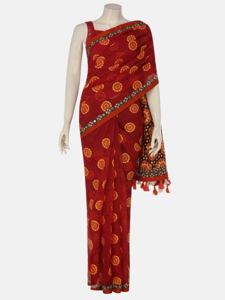 Red Printed and Embroidered Muslin Saree