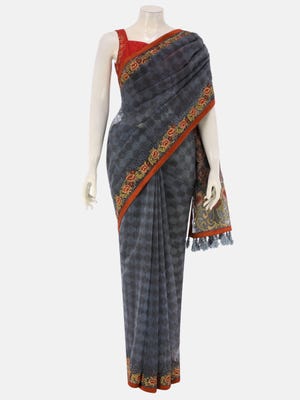 Charcoal Grey Printed and Embroidered Muslin Saree