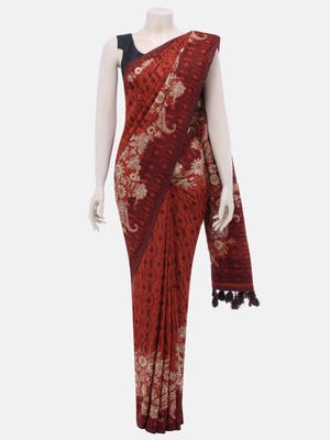 Brick Red Printed and Embroidered Endi Silk Saree