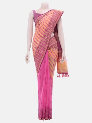 Pink Printed and Embroidered Half Silk Saree