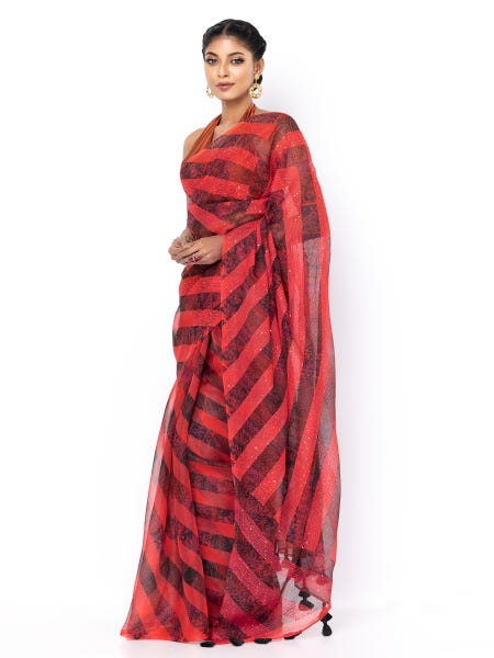 Red Printed and Embroidered Muslin Saree