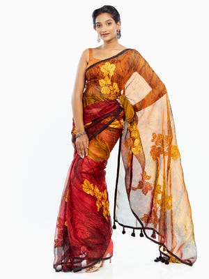 Crimson Red Dyed Printed Embroidered Muslin Saree