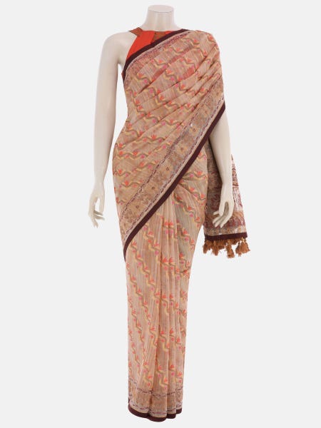 Light Brown Brush Painted and Nakshi Kantha Embroidered Muslin Saree