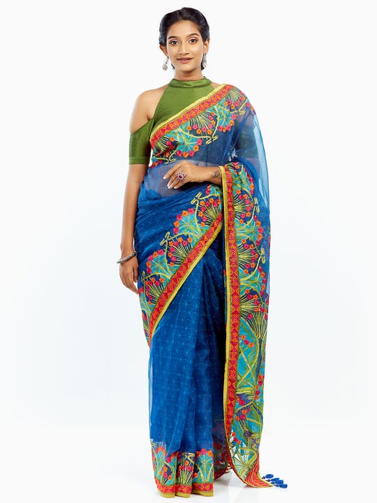 Blue Printed and Nakshi Kantha Embroidered Muslin Saree