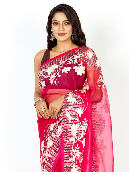Fuchsia Printed and Nakshi Kantha Embroidered Muslin Saree