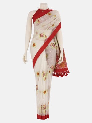 White Embroidered and Appliqued Muslin Saree