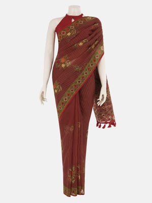 Brown Embroidered and Appliqued Muslin Saree