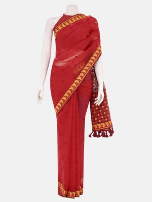 Red Printed and Nakshi Kantha Embroidered Muslin Saree