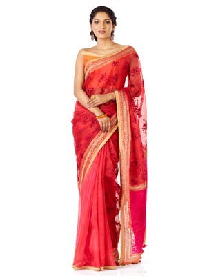 Watermelon Brush Painted and Embroidered Muslin Saree