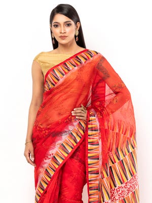 Red Tie-Dyed and Printed Muslin Saree