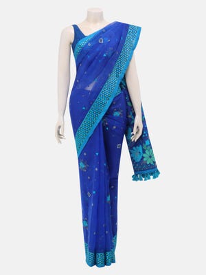 Blue Printed and Embroidered Muslin Saree