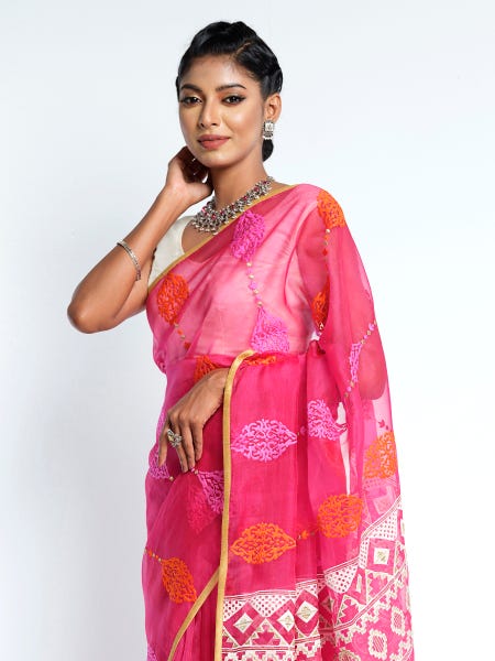 Magenta Embroidered and Appliqued Muslin Saree