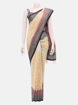 White Printed and Nakshi Kantha Embroidered Muslin Saree 