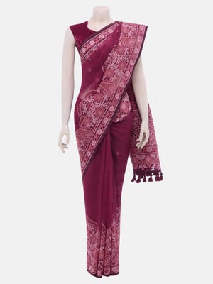 Plum Appliqued and Embroidered Muslin Saree