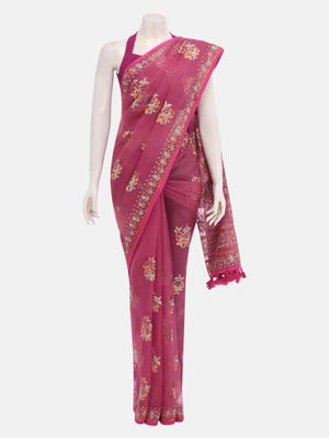 Onion Pink Printed and Embroidered Muslin Saree