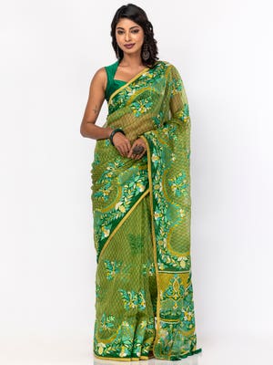 Green Printed and Nakshi Kantha Embroidered Muslin Saree