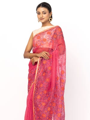Crimson Red Printed and Embroidered Muslin Saree