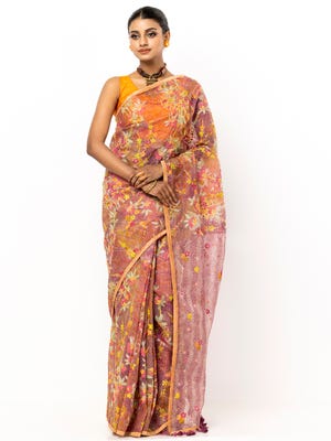 Pink Embroidered and Brush Painted Muslin Saree