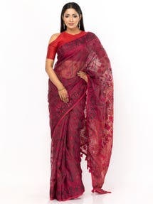 Maroon Printed and Nakshi Kantha Embroidered Muslin Saree