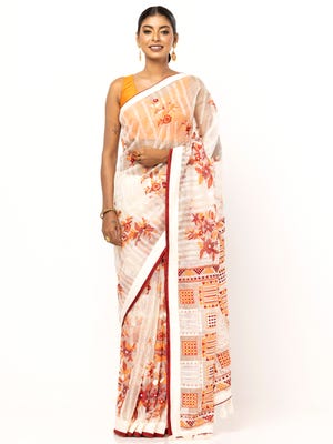 Off White Printed and Embroidered Muslin Saree