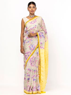 Grey Printed and Embroidered Muslin Saree