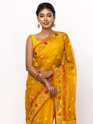 Mustard Yellow Appliqued and Embroidered Muslin Saree
