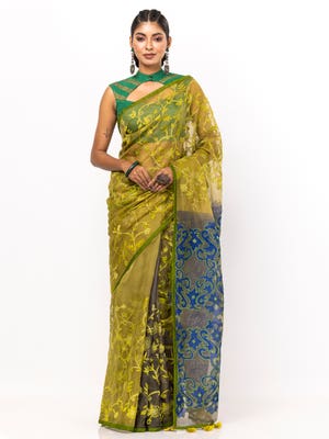 Olive Appliqued and Embroidered Muslin Saree