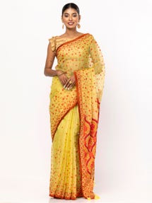 Golden Printed and Embroidered Muslin Saree