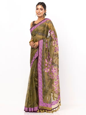 Brown Printed and Embroidered Muslin Saree