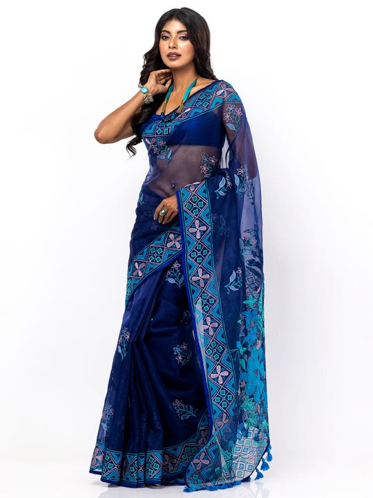 Navy Blue Appliqued and Embroidered Muslin Saree