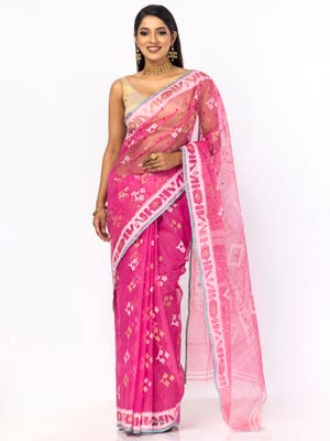Pink Half Silk Jamdani Saree