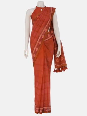 Red Printed and Nakshi Kantha Embroidered Muslin Saree