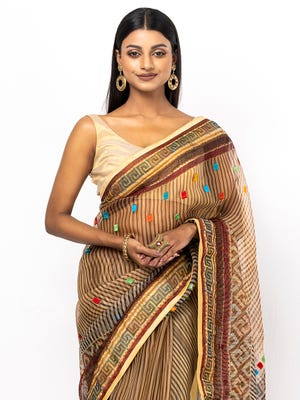 Coffee/Brown Printed and Brush Painted Embroidered Muslin Saree