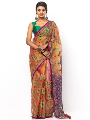 Brown/Green Dual Tone Printed and Embroidered Muslin Saree