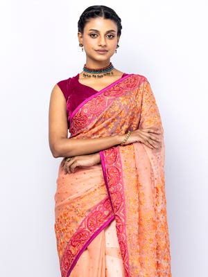 Light Peach Printed and Embroidered Muslin Saree