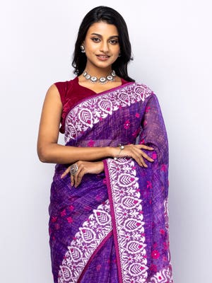 Purple Printed and Nakshi Kantha Embroidered Muslin Saree